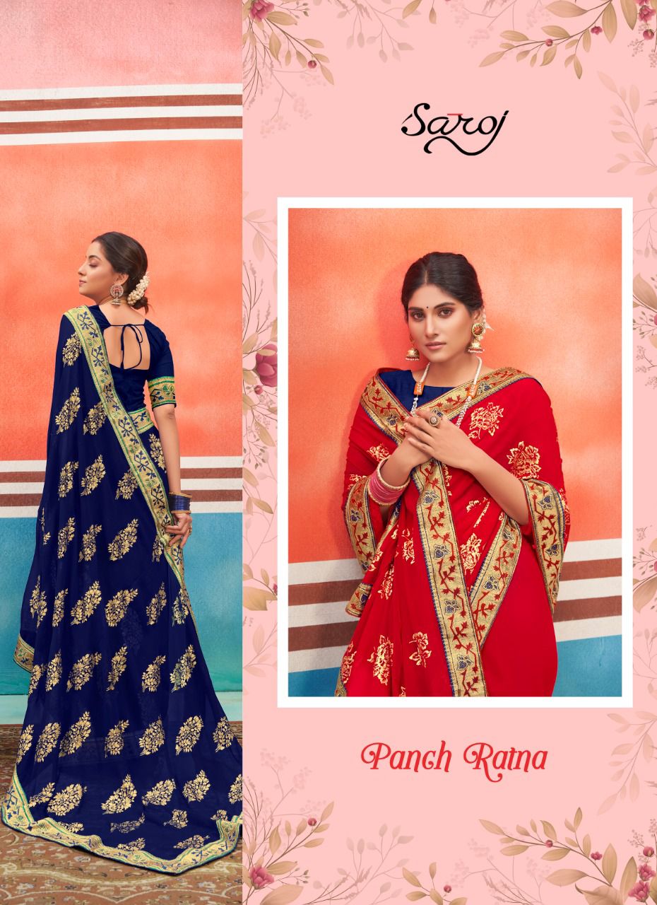 Saroj Panch Ratna Festive Wear Georgette With Foil Butta And Border Saree Collection